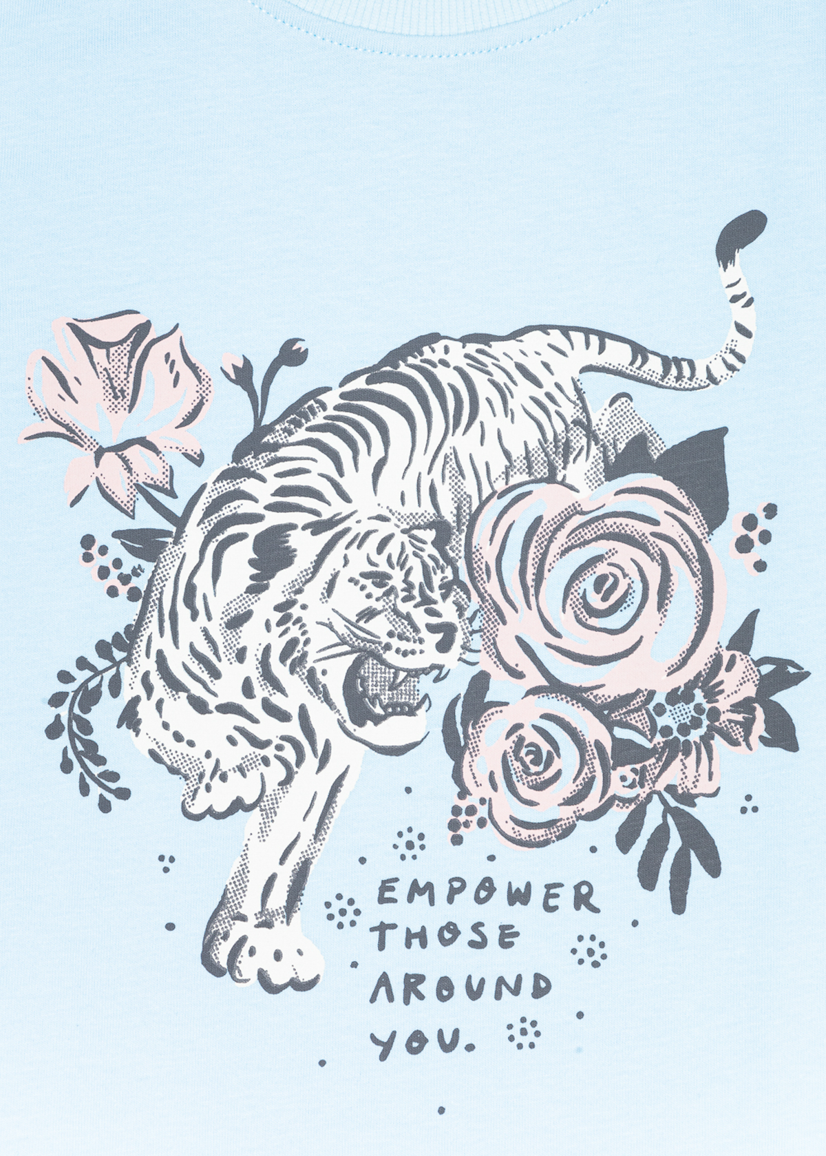 Close-up of light blue tee graphic print with tiger and pink roses