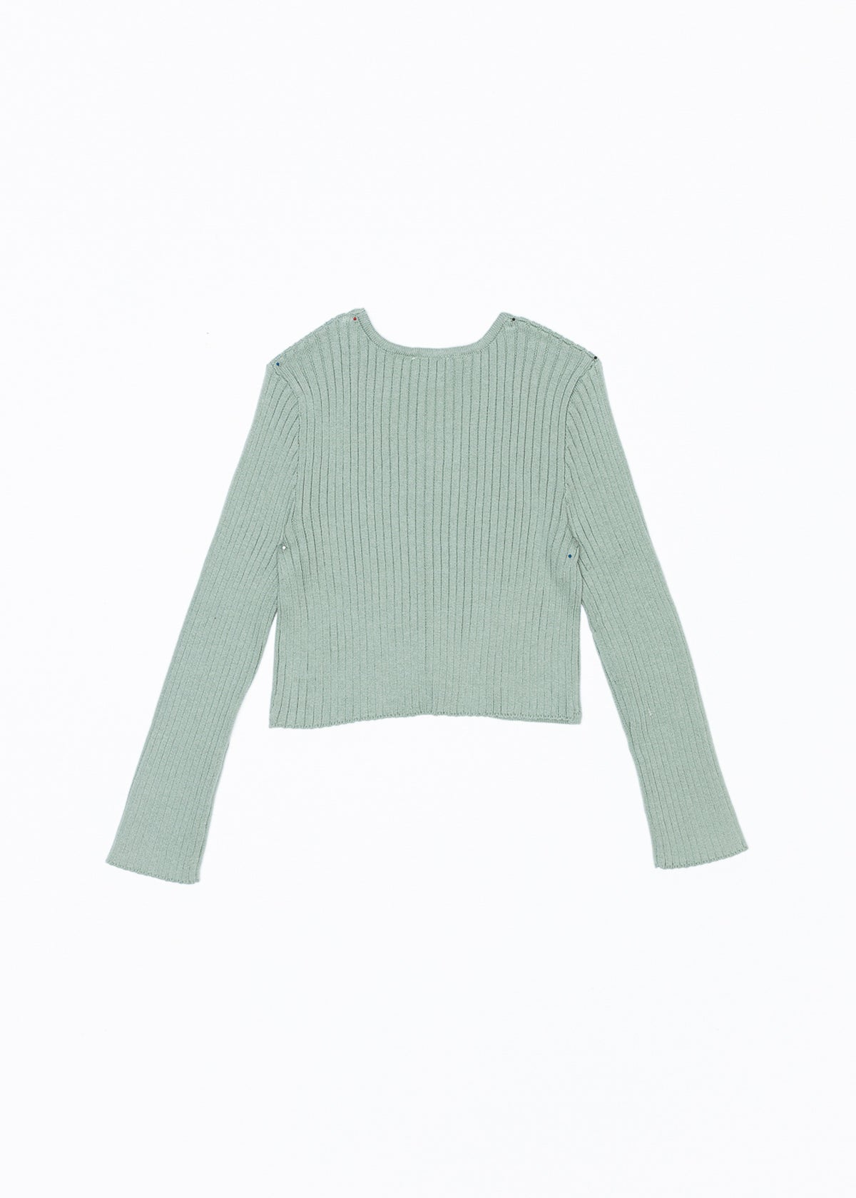 Back view of sage green ribbed sweater cardigan with long sleeves