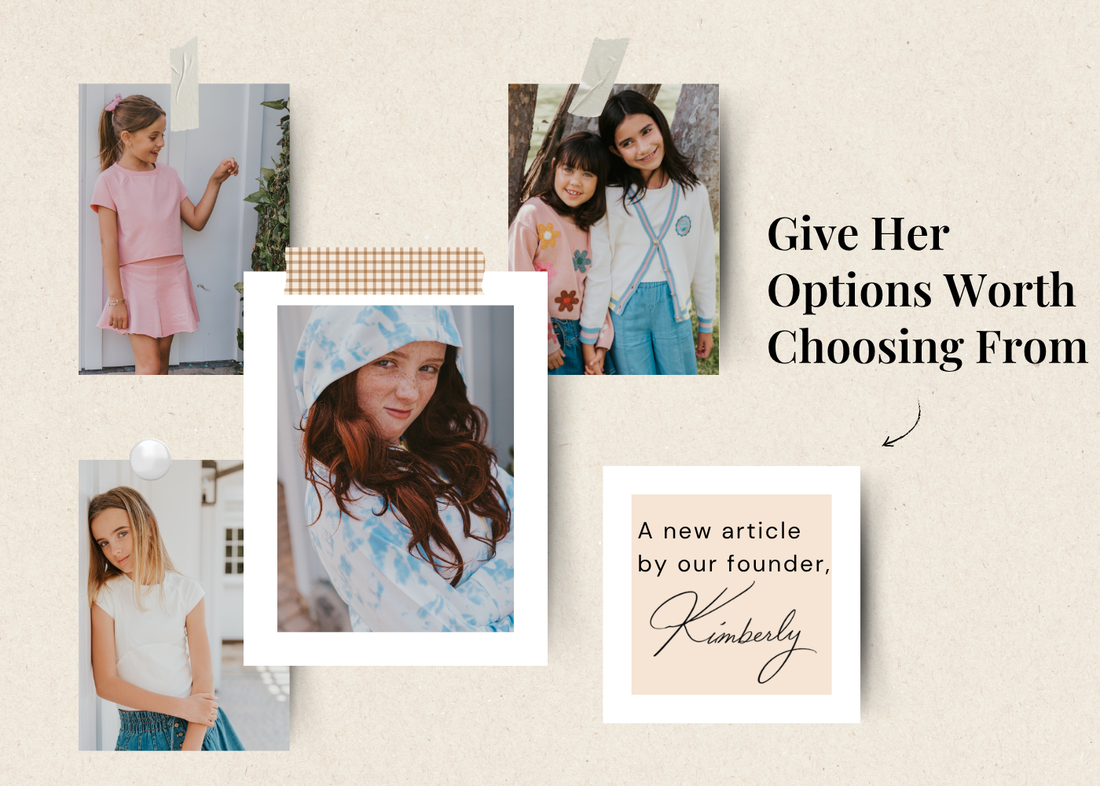 Give Her Options Worth Choosing From - a new article by our founder, Kimberly. A collage of tween girls in Finding Foxtale clothing, styled as taped-up photo prints.