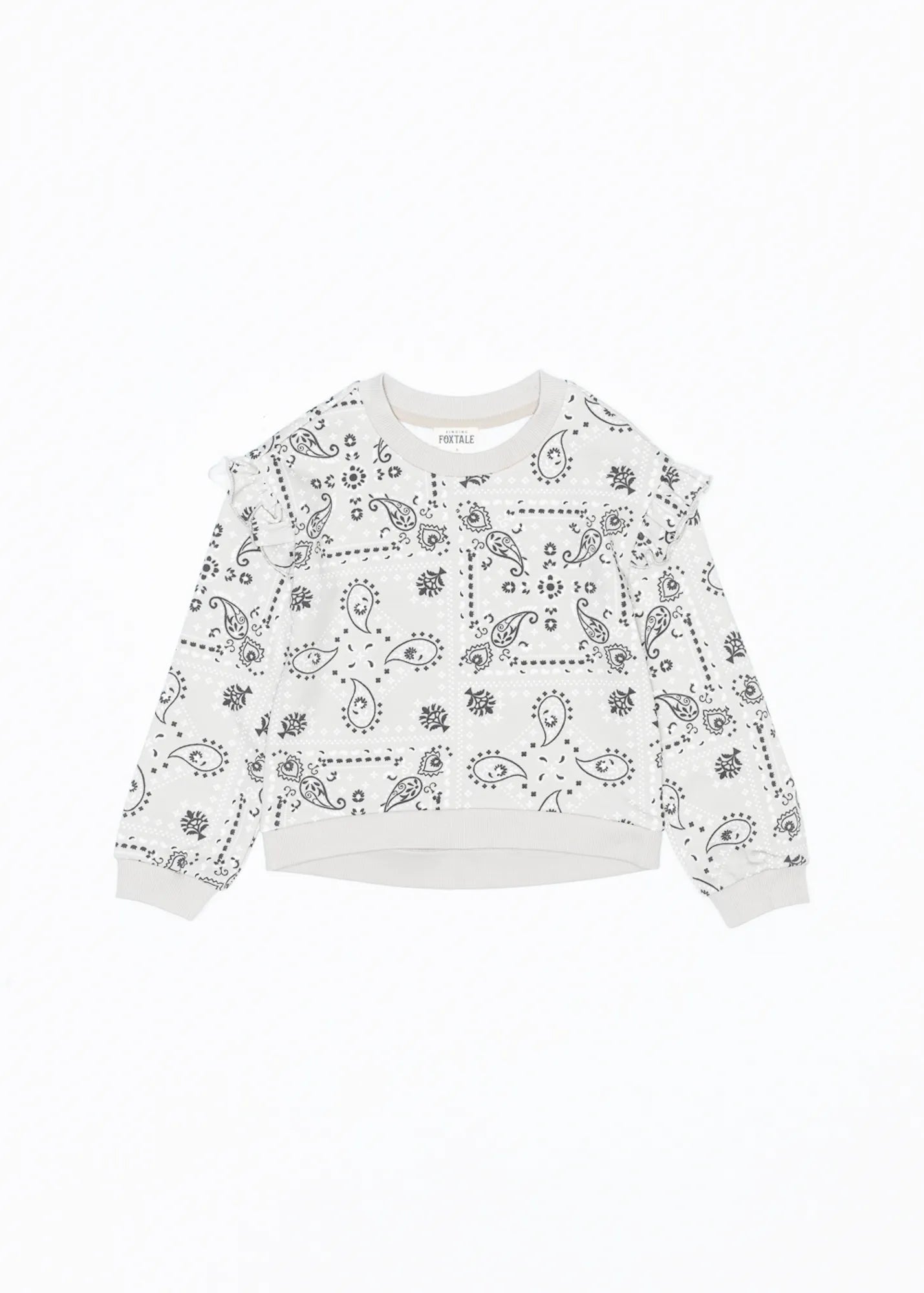 White sweatshirt with black paisley pattern on a white background